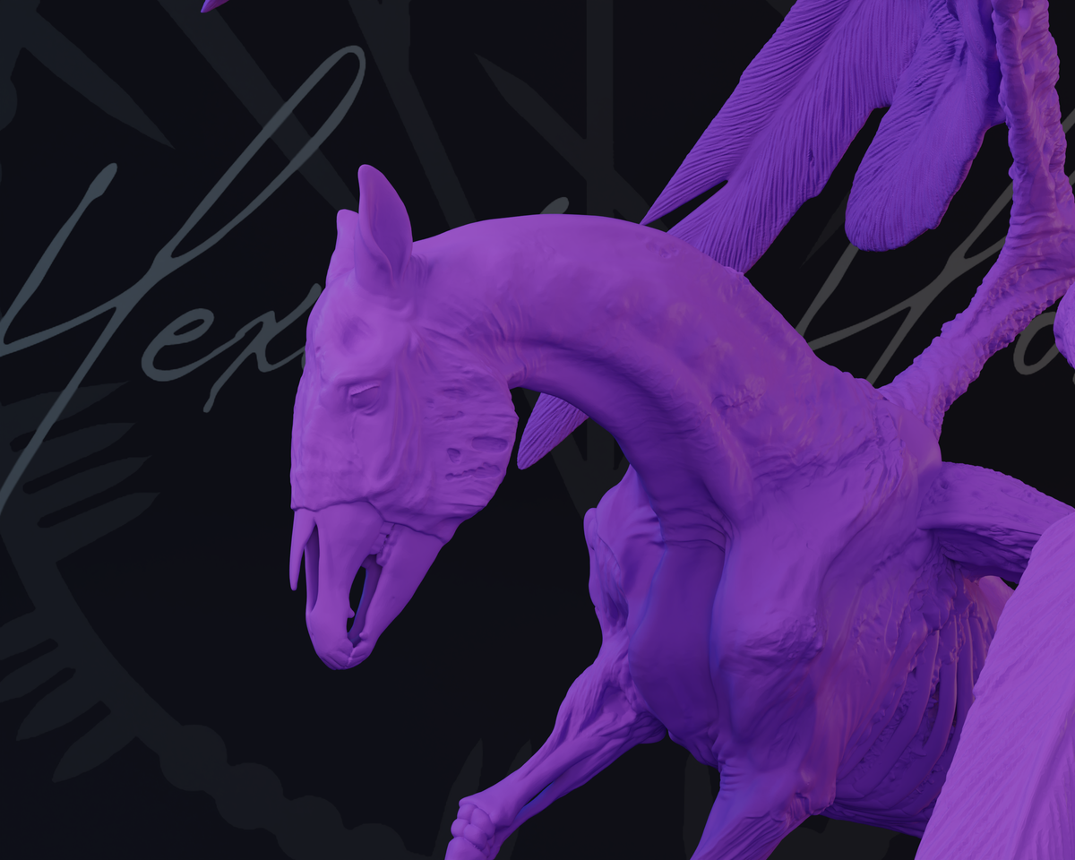 A 3D-rendered purple winged horse sculpture or figurine shown against a dark graphic background with stylized script and circular line art.