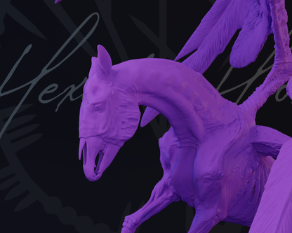 A 3D-rendered purple winged horse sculpture or figurine shown against a dark graphic background with stylized script and circular line art.